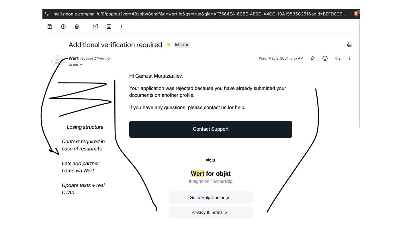 Wert emails — before redesign